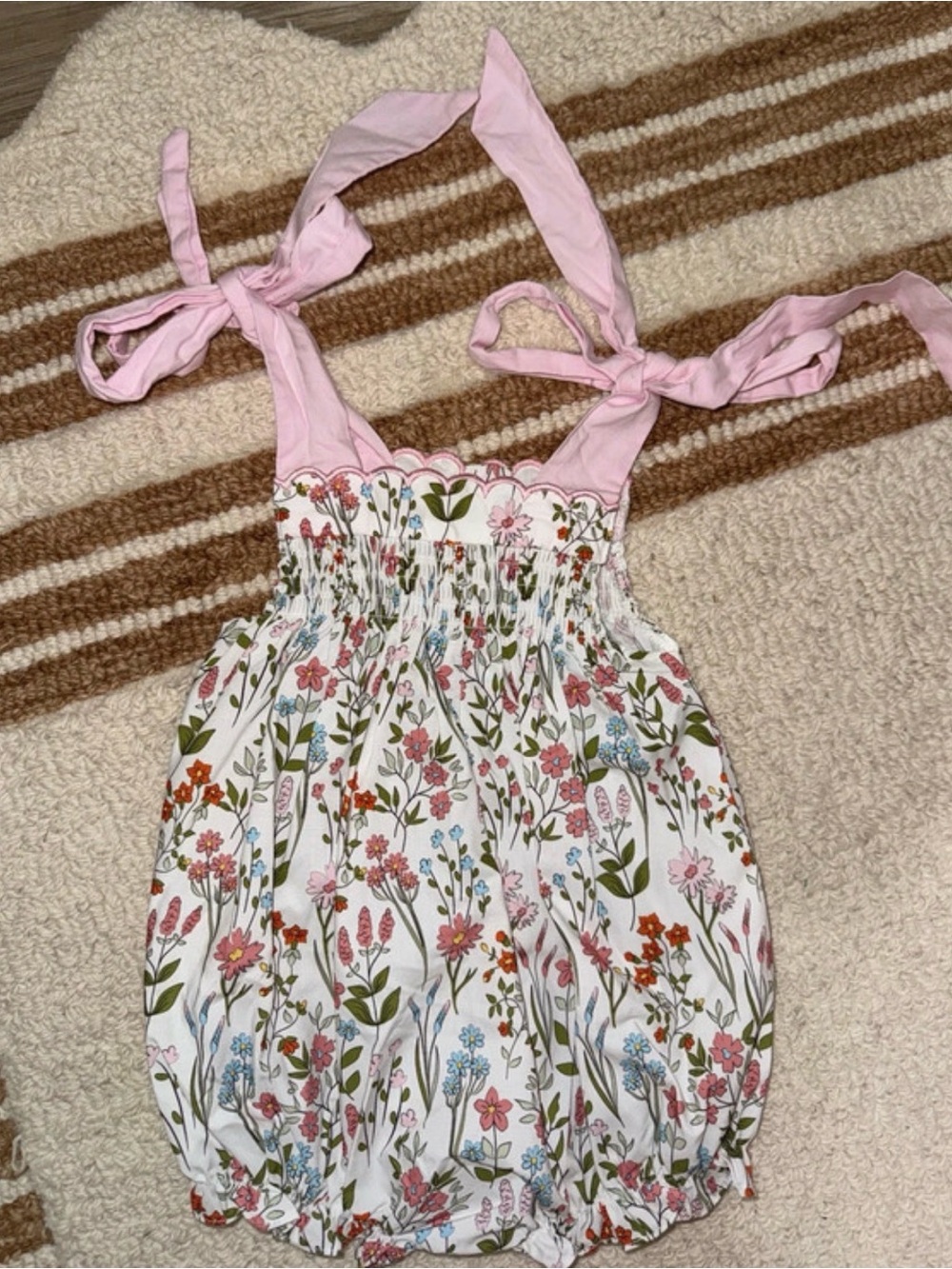 Babeeni Floral Smocked Bubble Romper - Pink Tie Straps 9M
